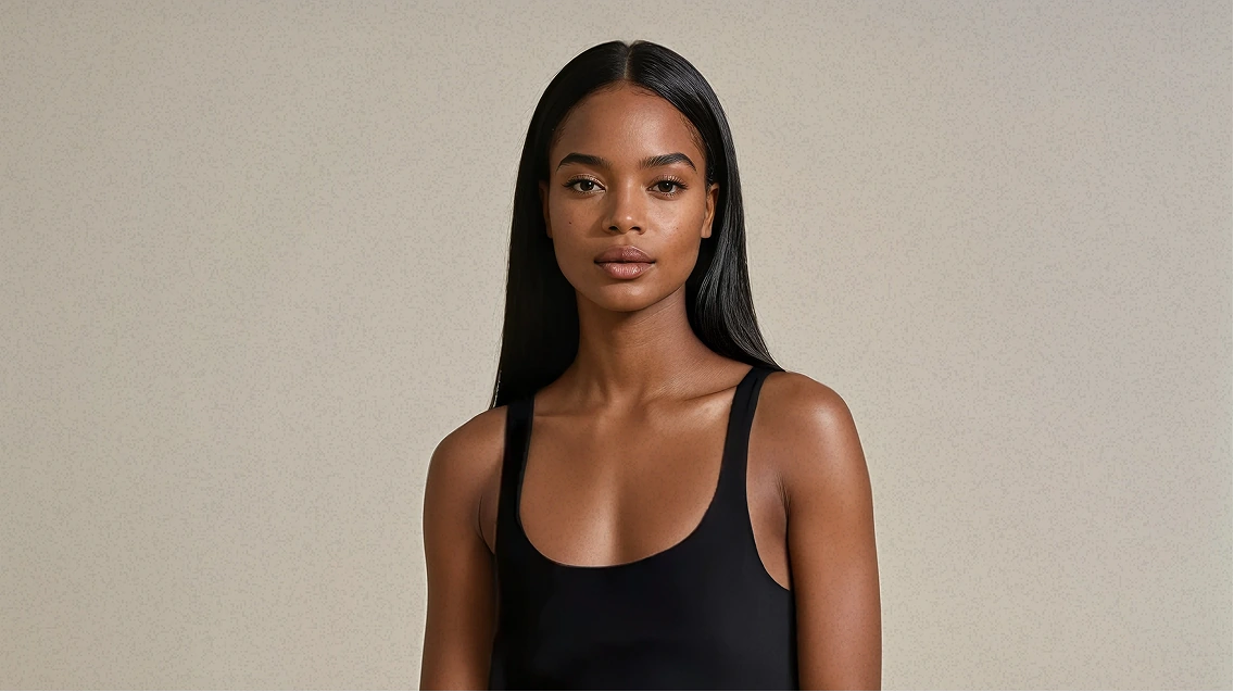 Female AI fashion model wearing a black tank top with a studio background behind her. 