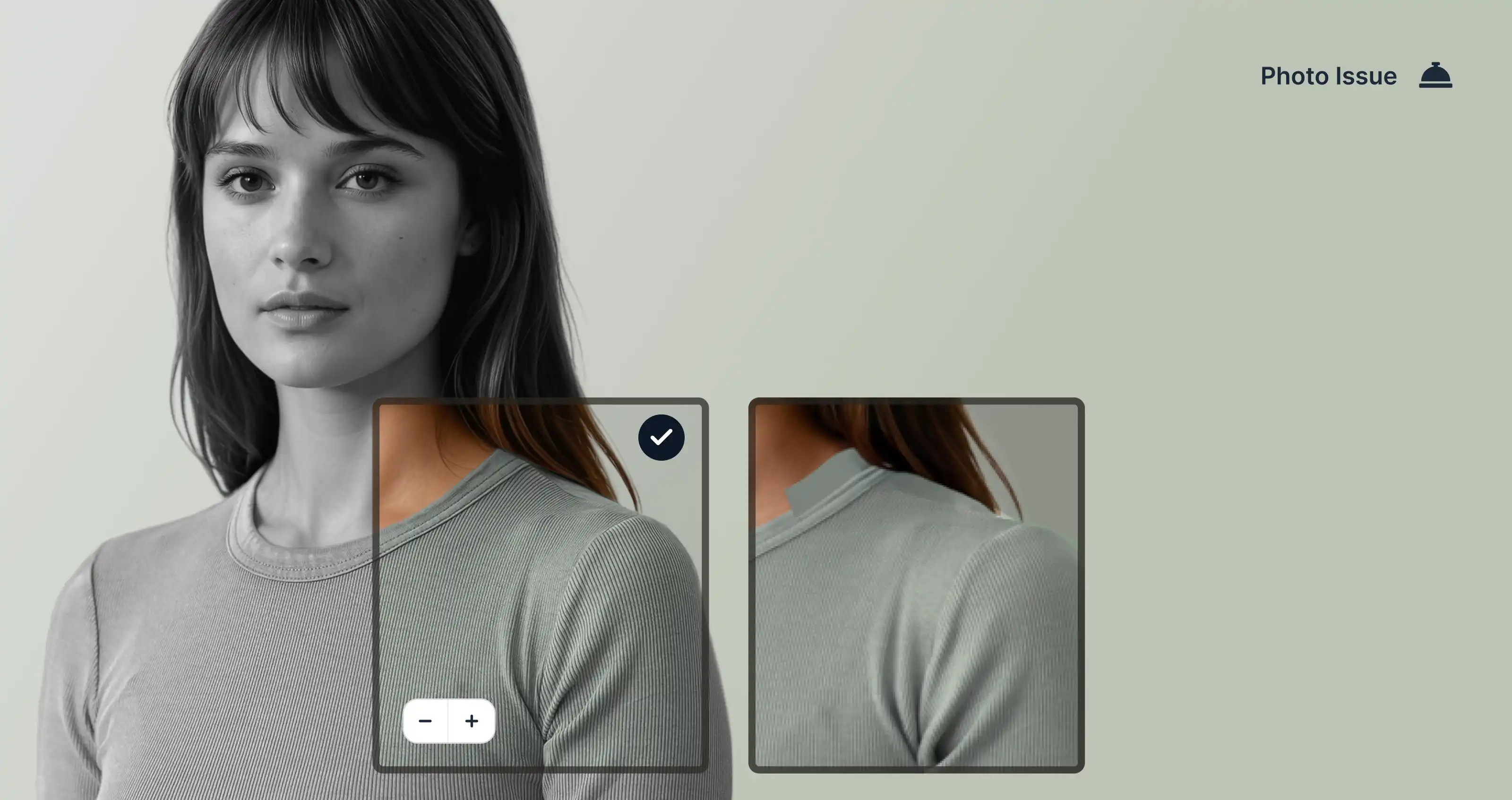 Image of a female model with an issue with the collar of her shirt.