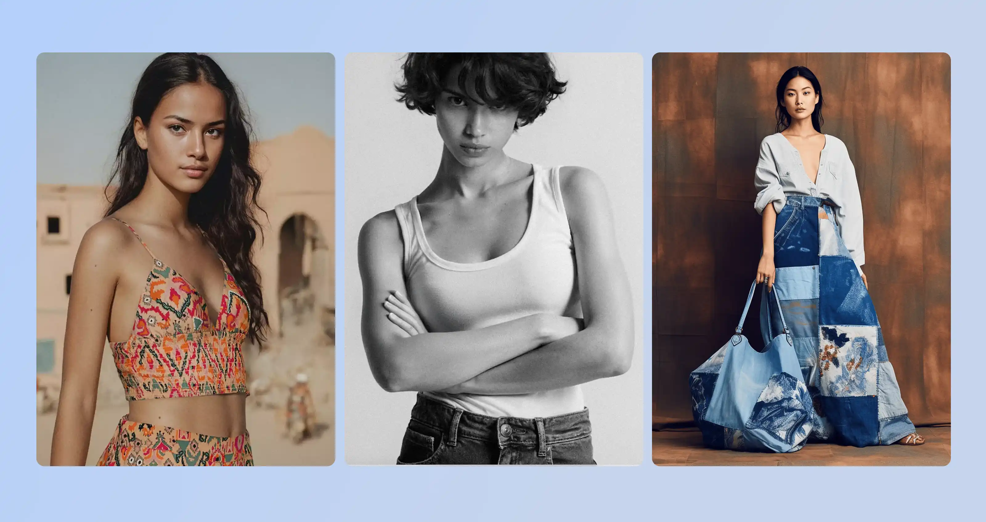 Three different female AI generated models side-by-side. 