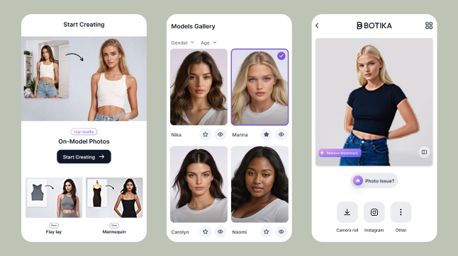 Three images of the process of using Botika to create fashion visuals. 