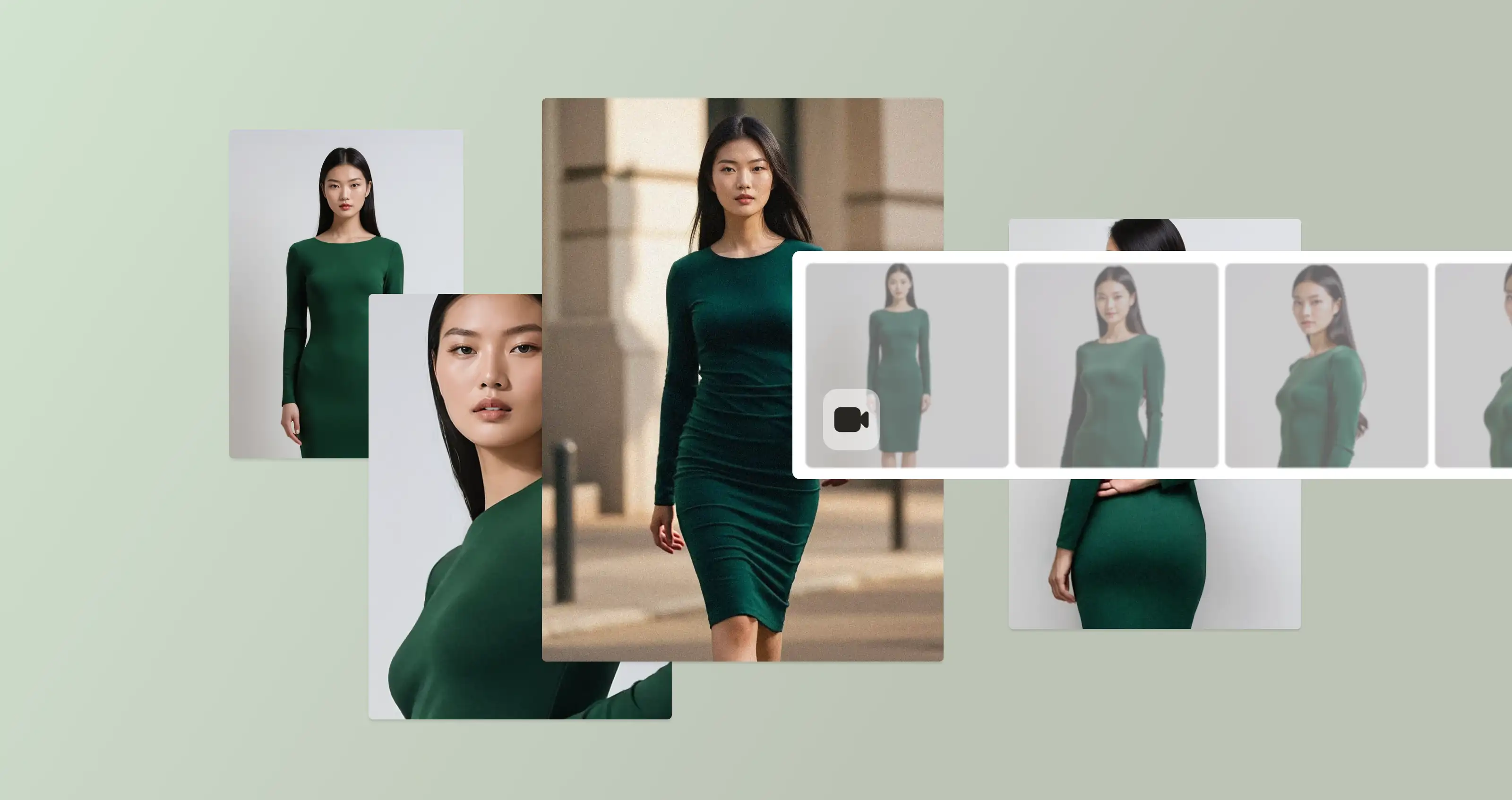 Multiple images of an Asian female AI model wearing a green dress.