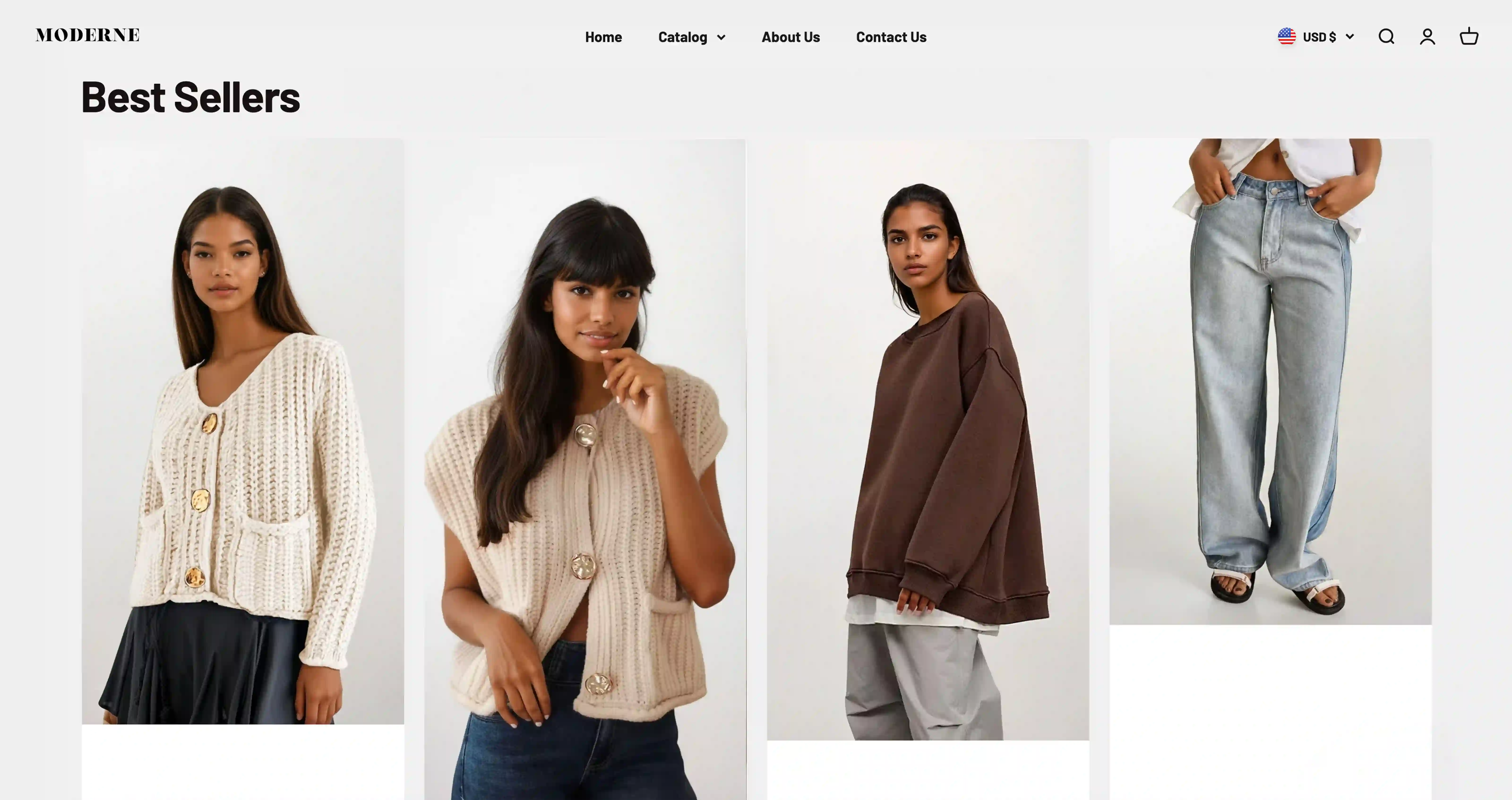 Screenshot of Moderne's best sellers section of their site featuring AI fashion models. 