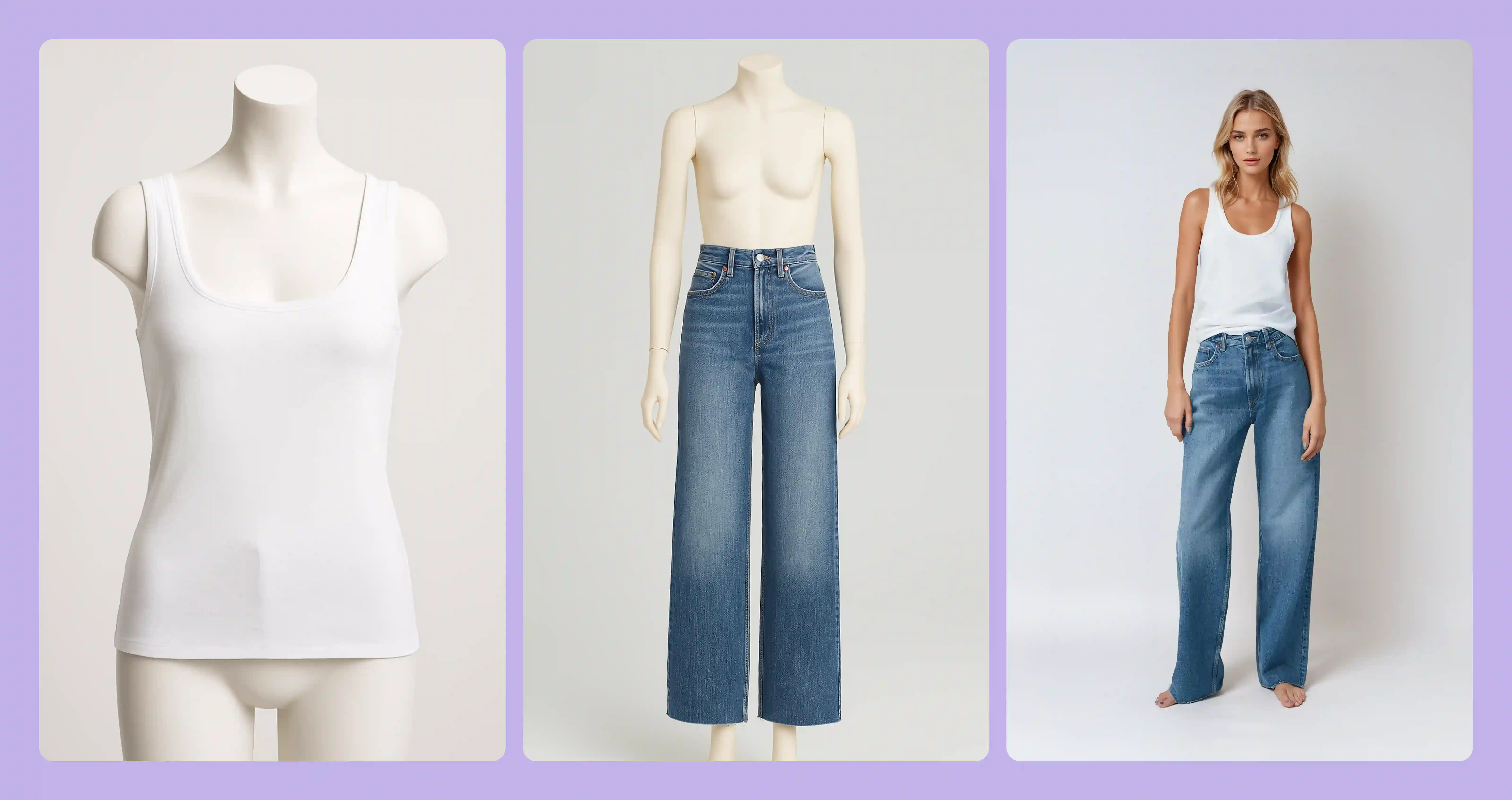 Three images side-by-side. On the left is a mannequin torso wearing a white tank top, in the middle  mannequin wearing jeans, and the third image is a Botika model wearing both. 