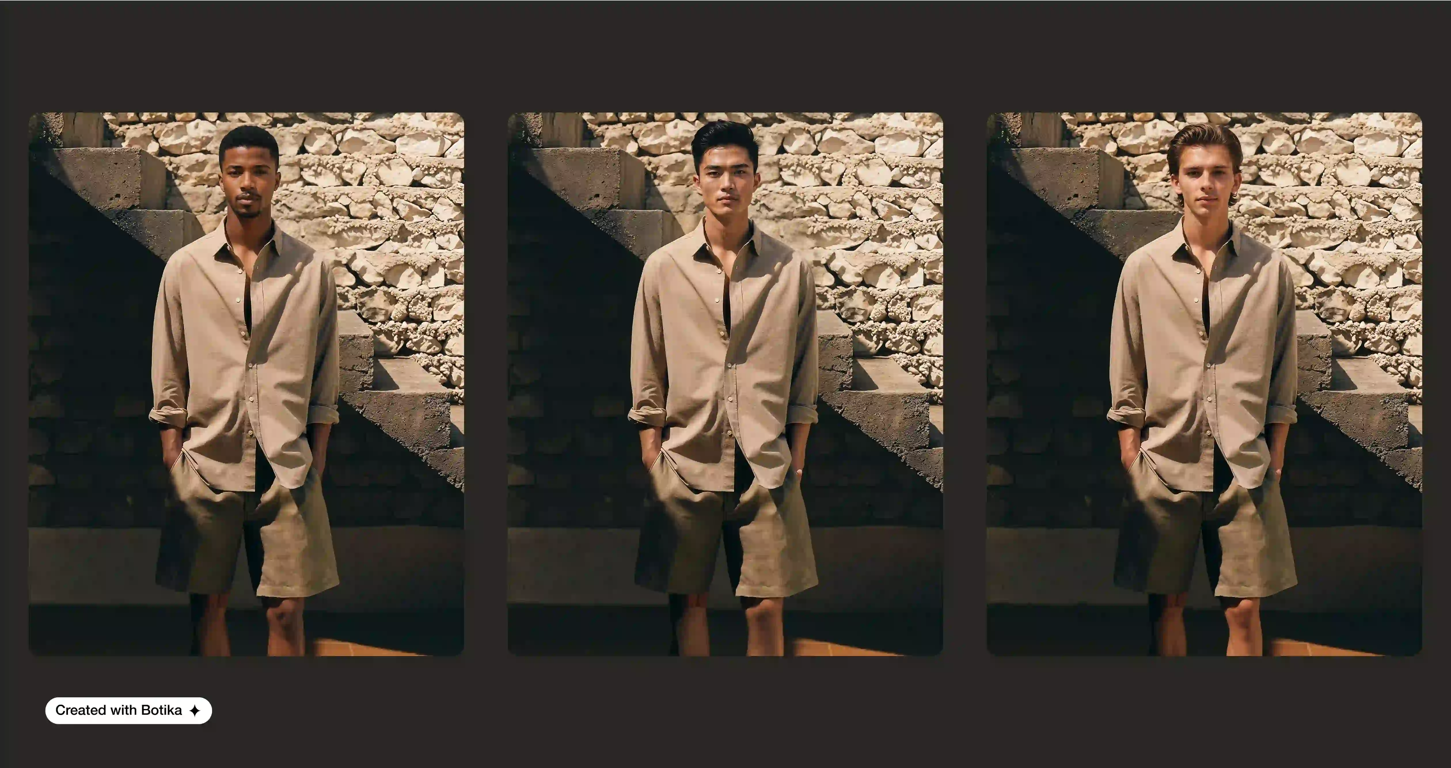 Three side-by-side shots of different male models in standing poses.
