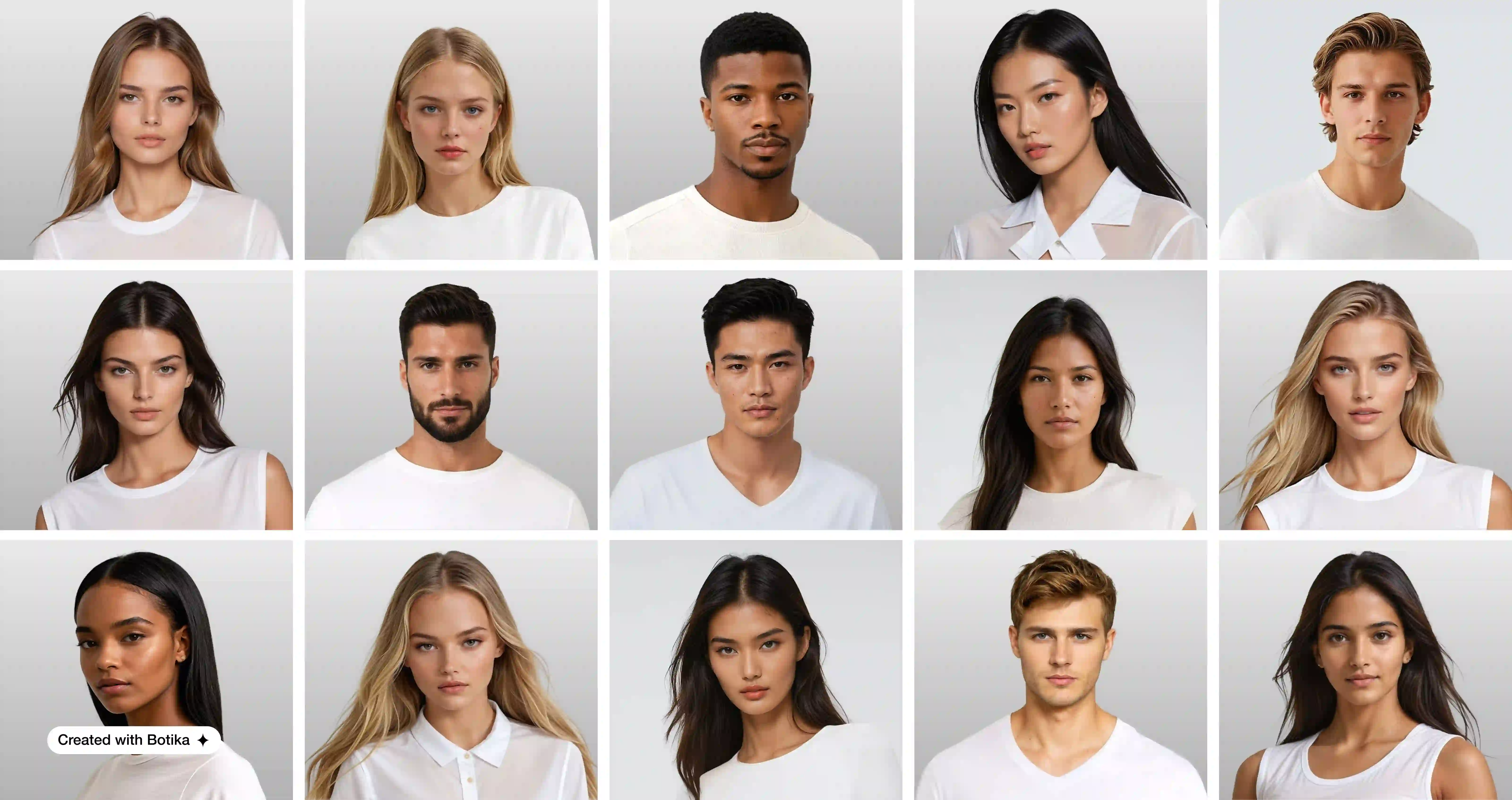 Gallery of male and female Botika AI models for DTC marketing. 