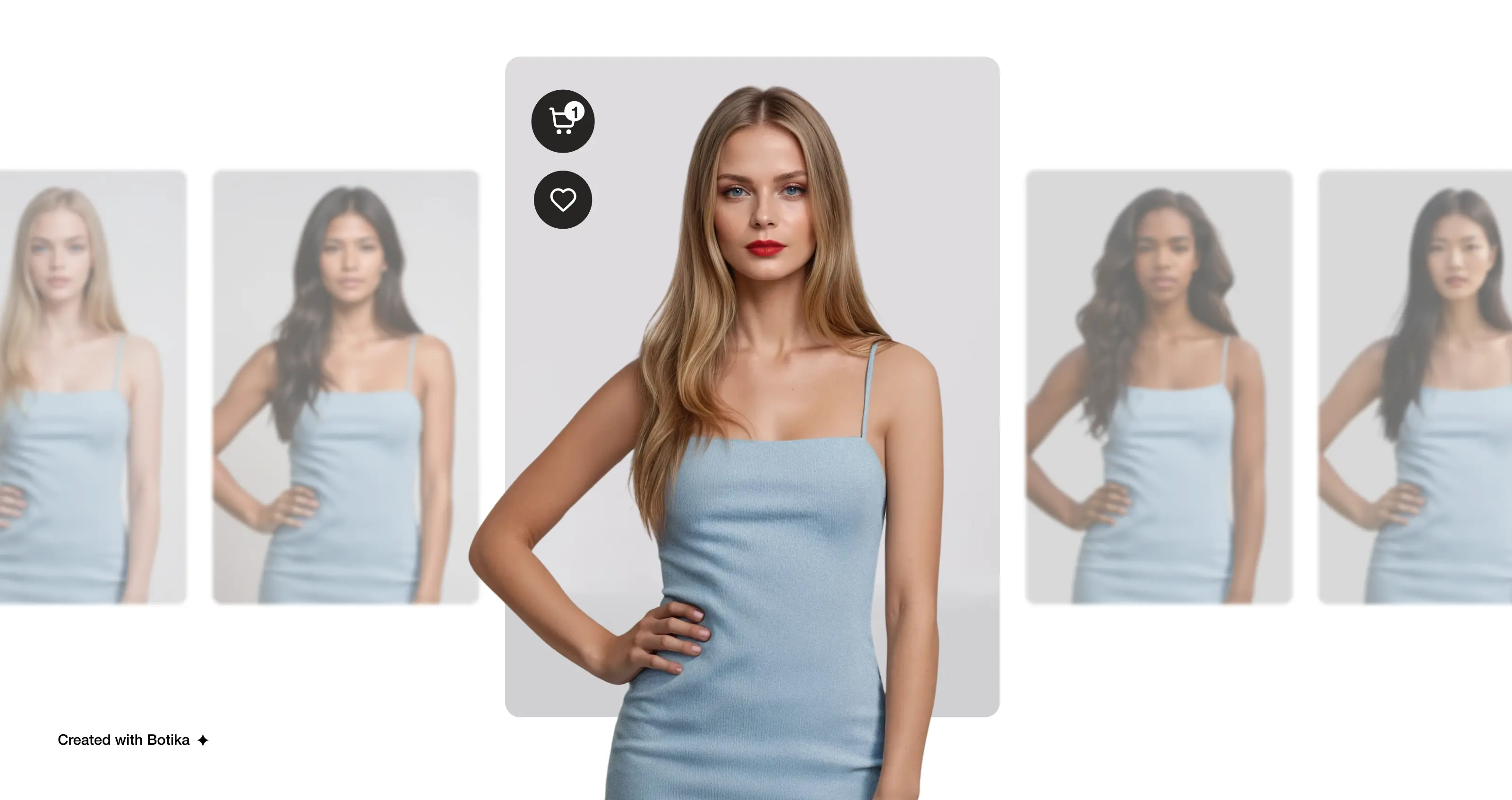 Images of multiple female models wearing the same light blue dress in the same pose. 