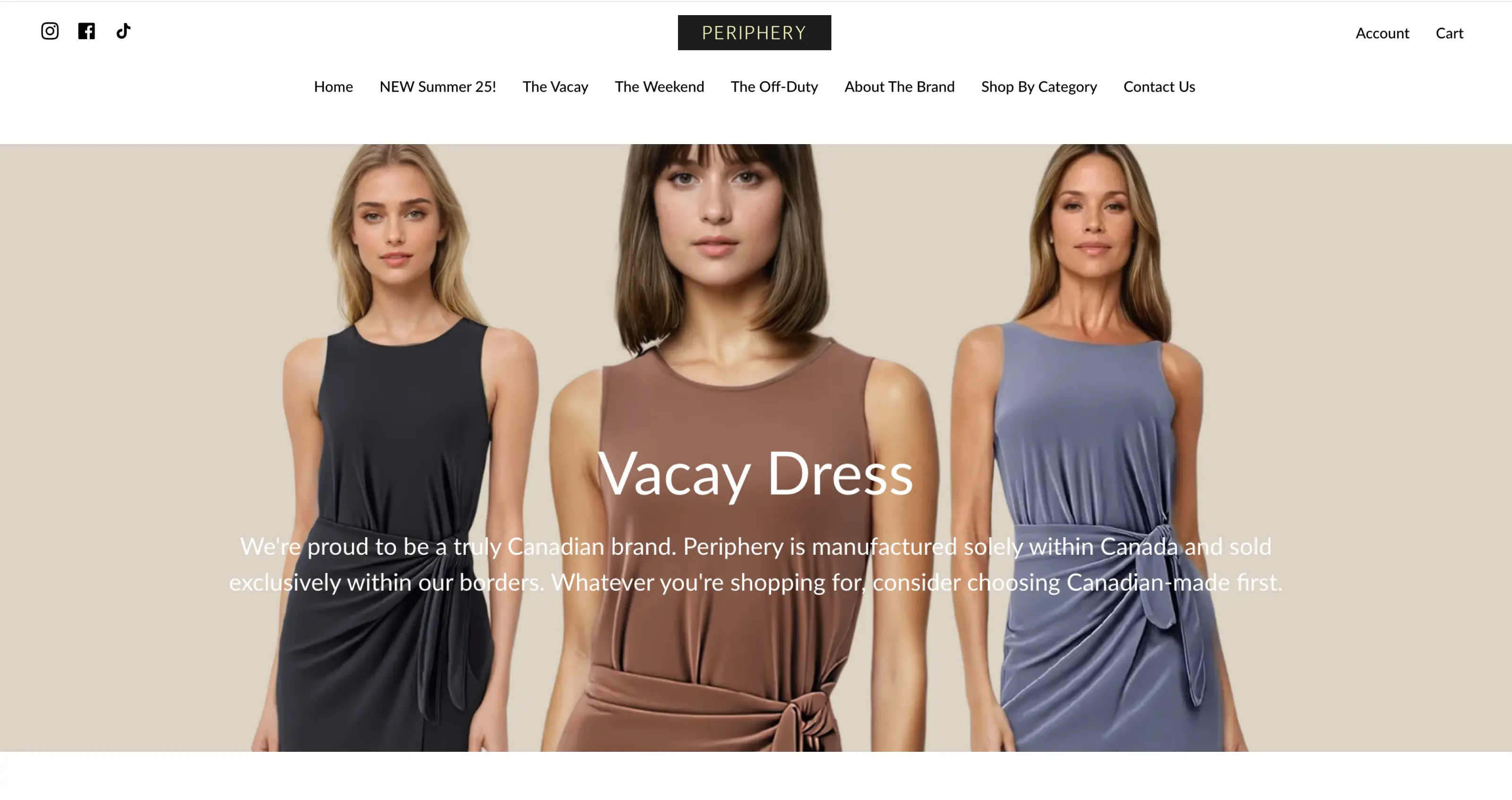Screenshot of Periphery's homepage showing the same dress worn by three AI models in different colors. 