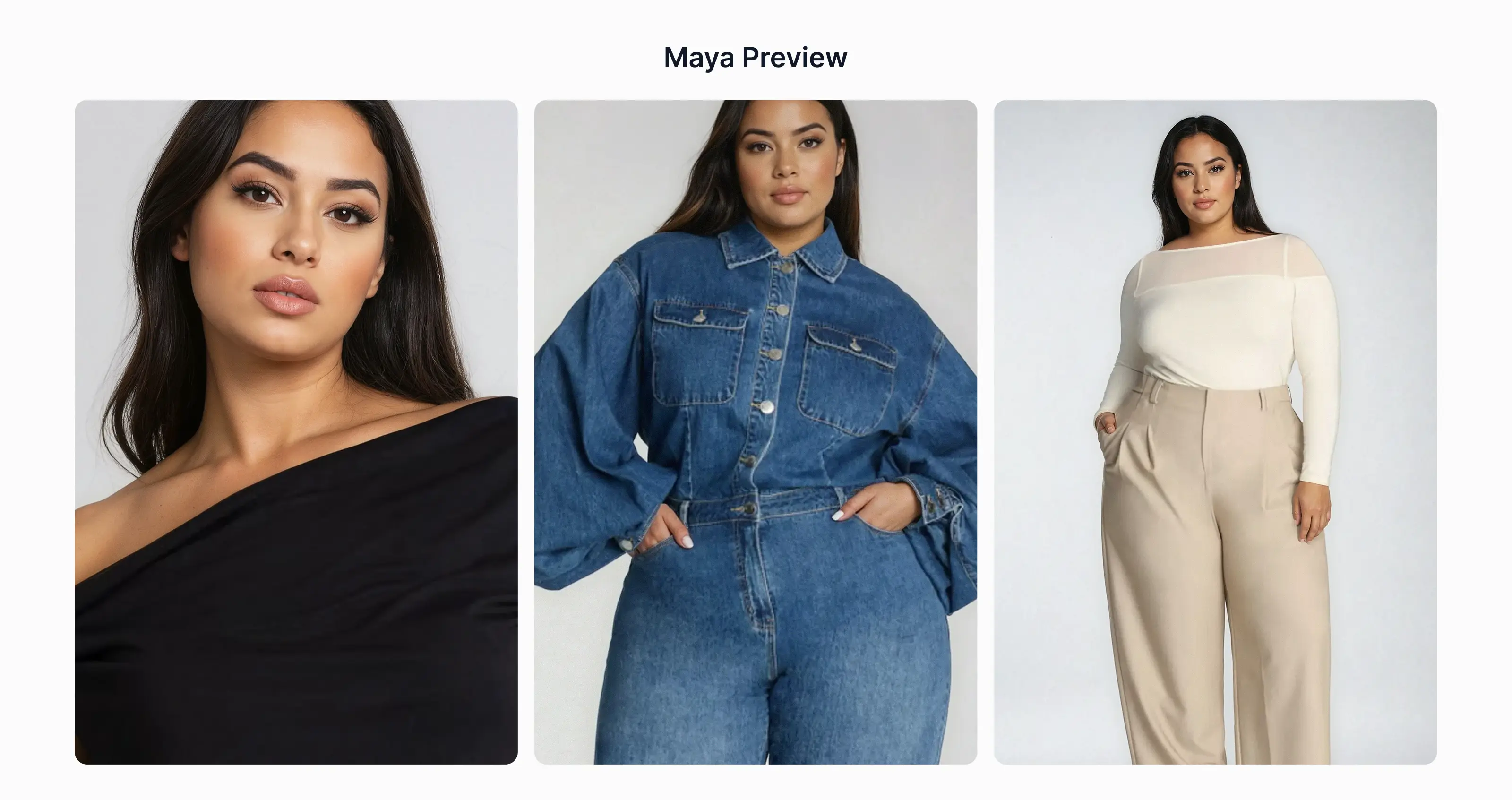 AI for fashion model Maya showing our inclusivity with different body types and clothing styles.