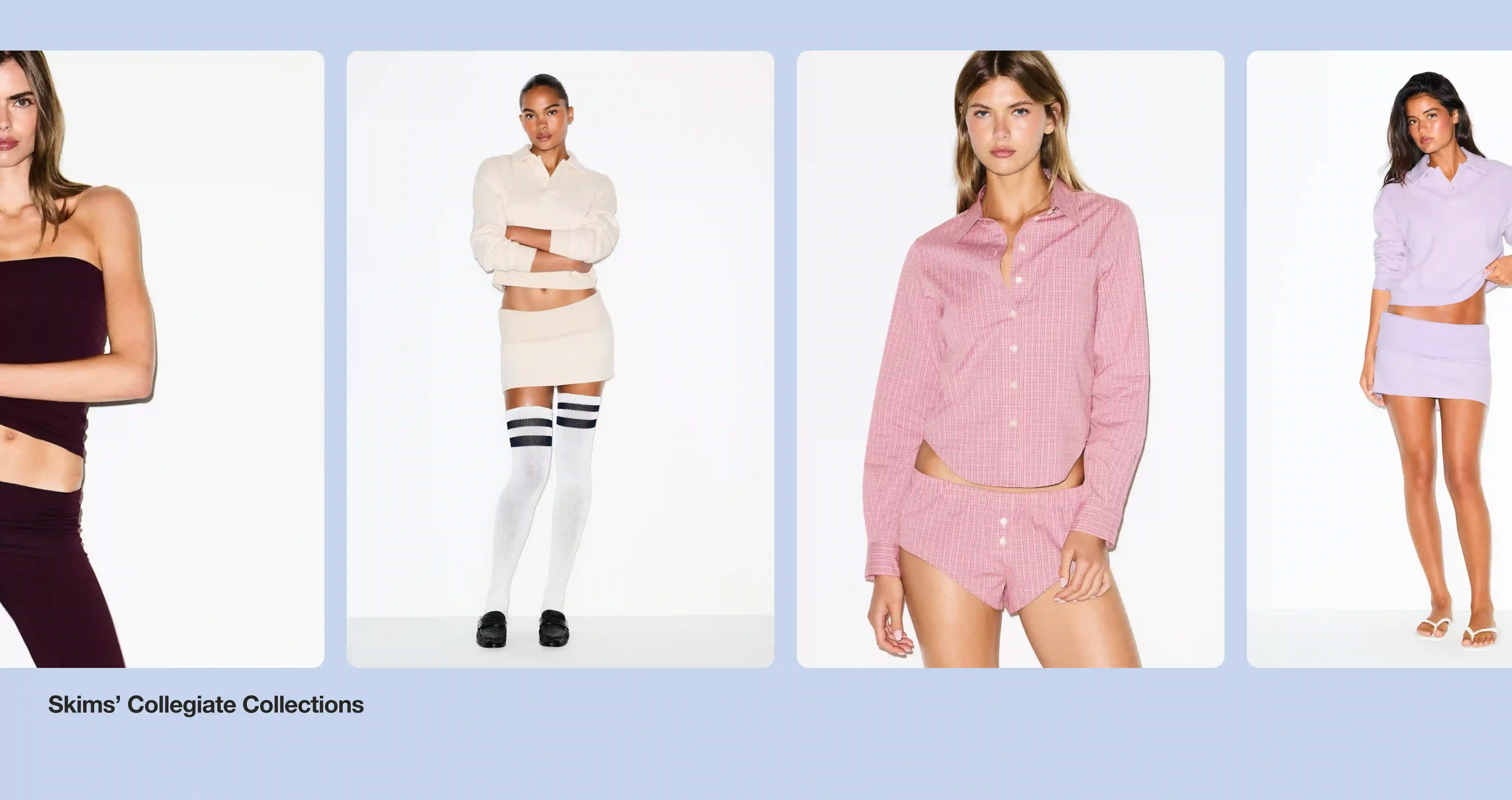 Four unique images of models from the Skims’ collegiate collection.
