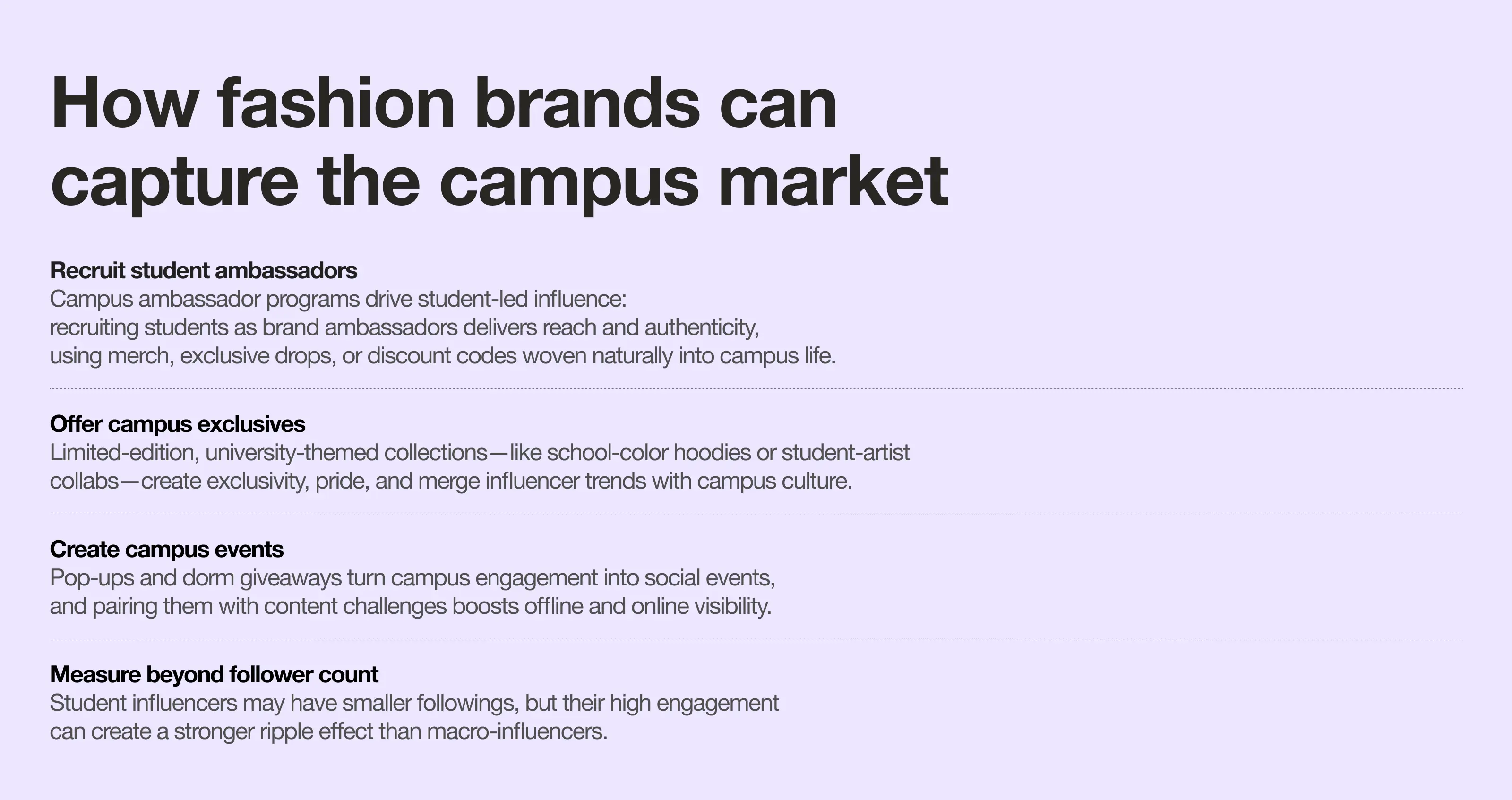 Chart showing a shorter version of how fashion brands can capture the campus market. 