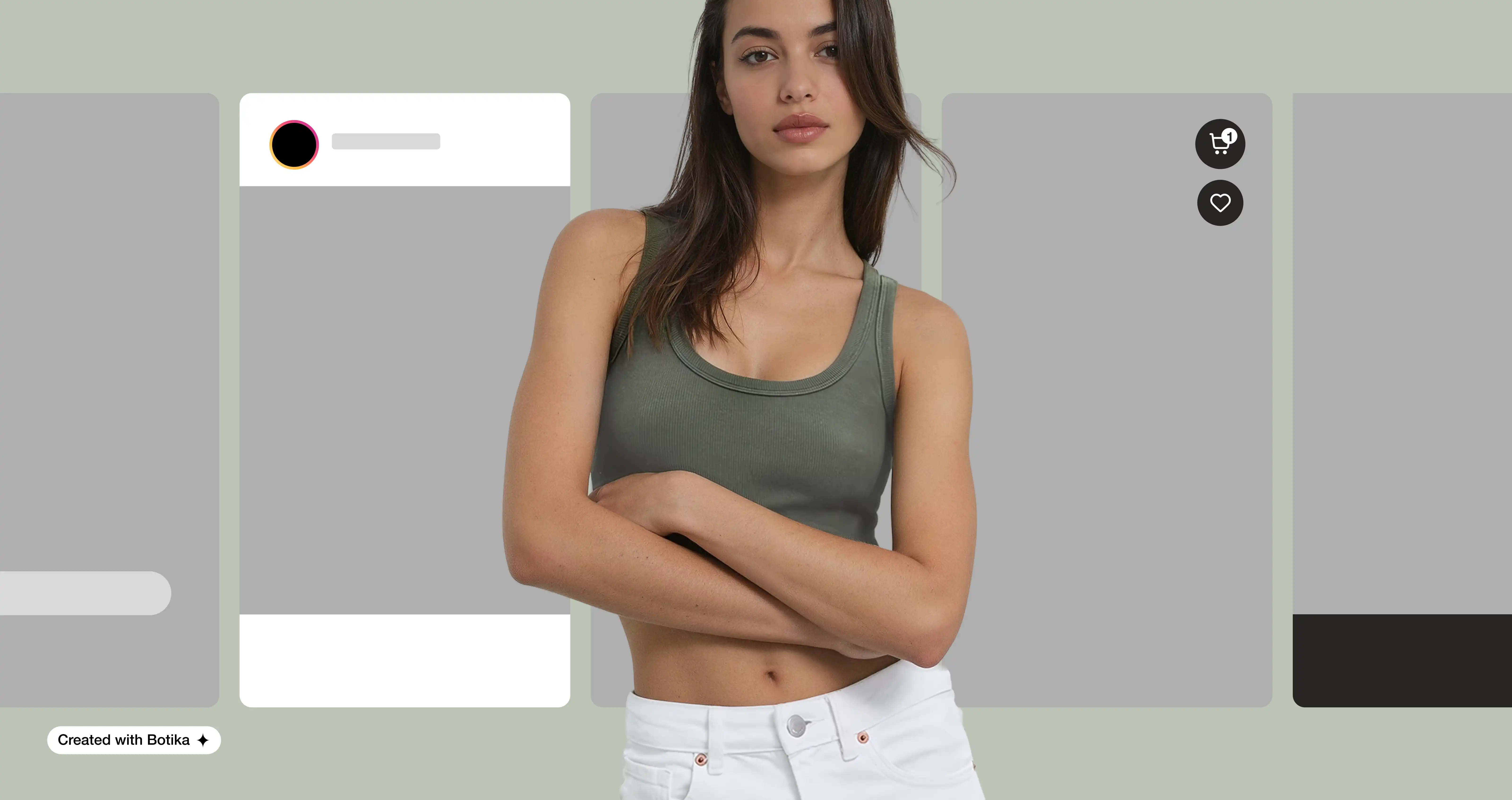 A female model standing in the forefront with different types of vertical photo platforms behind her.