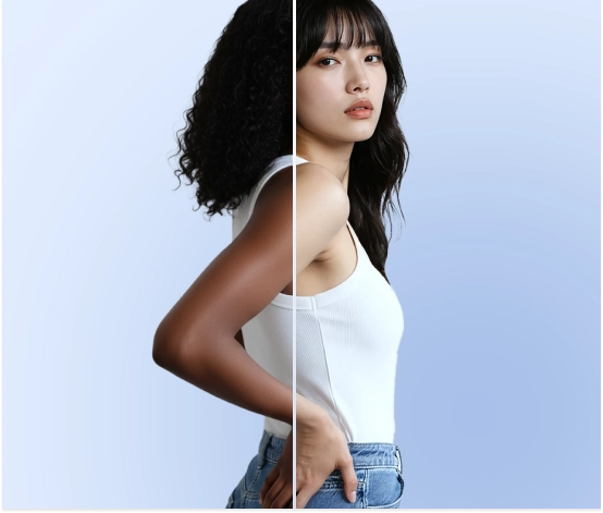 An on model AI fashion model showing how the product changes from one image to another seamlessly. 