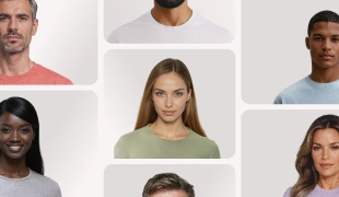Grid of multiple male and female AI fashion models of different ethnicities and ages.