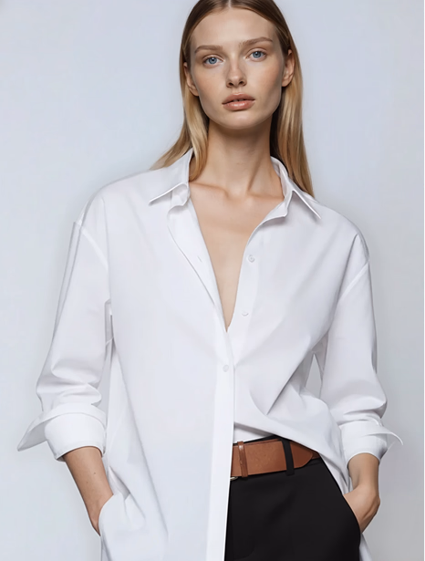 Product shot of a blonde female AI fashion model wearing a white button down shirt tucked into dark dress skirt.
