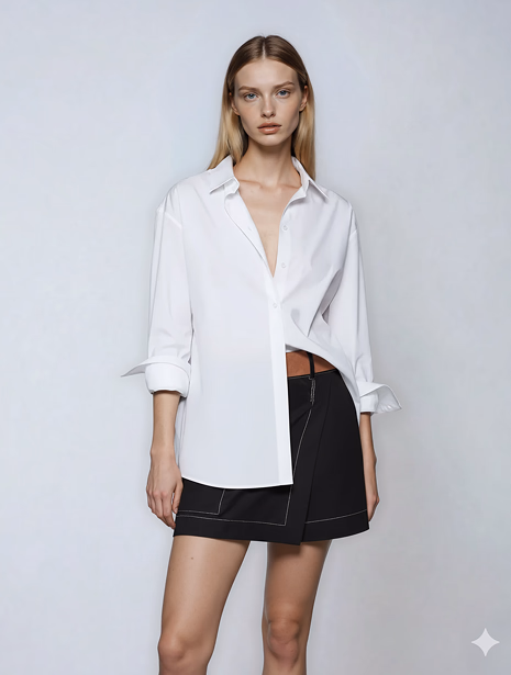 Product shot of a blonde female AI fashion model wearing a white button down shirt tucked into dark dress skirt.