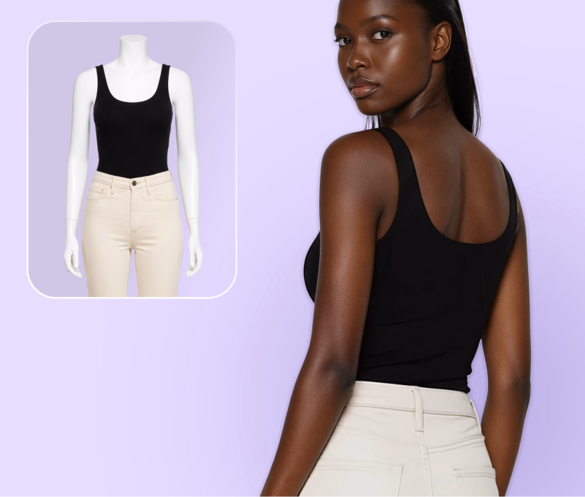 An image in the upper left hand corner showing a blank tank top and white jeans on a mannequin. The main image is of a black female AI model wearing the outfit. 