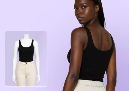 An image in the upper left hand corner showing a blank tank top and white jeans on a mannequin. The main image is of a black female AI model wearing the outfit. 