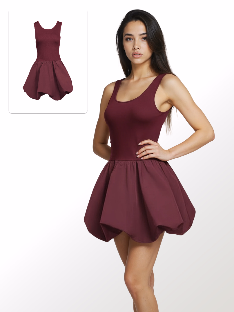 Image showing a flat lay image of a dark red dress and a larger image of what it would look like rendered on a female AI fashion model.