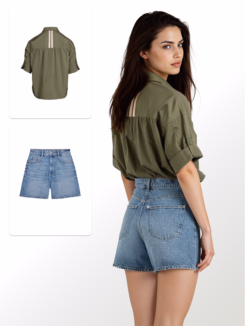 Image showing two flat lay images of a green shirt and jean shorts and a larger image of what it would look like rendered on a female AI fashion model from behind.