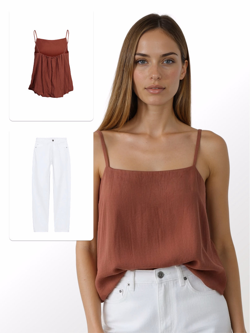 Image showing a flat lay image of a rust colored tank top and a larger image of what it would look like rendered on a female AI fashion model wearing white jeans.