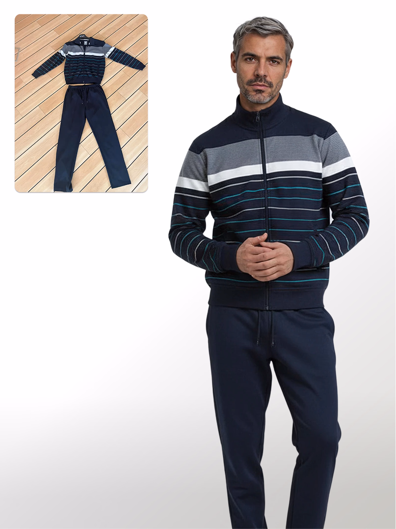 Image showing a flat lay image of a pair of jeans and striped sweater on a floor and a larger image of what it would look like rendered on a male AI fashion model.