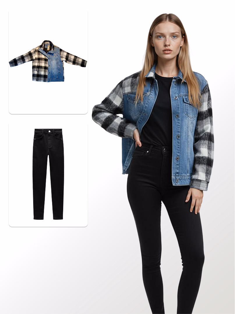 Image showing two flat lay images of a jean jacket with flannel sleeves and a pair of black jeans and a larger image of what it would look like rendered on a female AI fashion model.