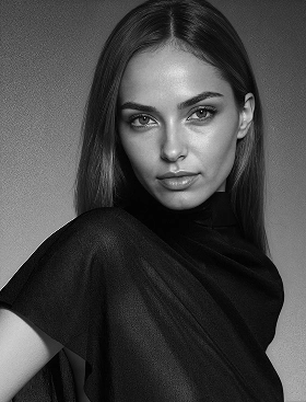 Black and white headshot of Nora, a Botika AI fashion model wearing a black short sleeve shirt. 