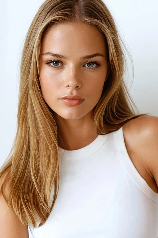 Headshot of Nicole, a Botika AI fashion model wearing a white sleeveless shirt. 