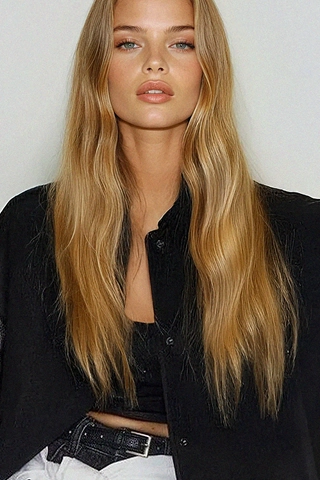 Nora, an AI fashion model wearing a black tank top and overshirt created by Botika. 