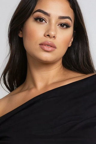 Headshot of Maya a plus size Botika AI fashion model wearing an off the shoulder black dress. 