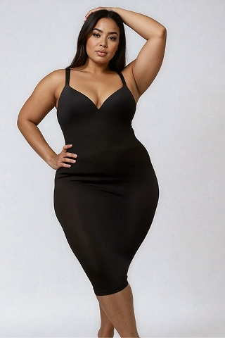 Botika's plus size AI fashion model, Maya, wearing a little black dress. 