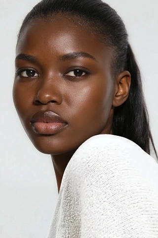 Headshot of Leah, a black AI fashion model created by Botika, looking over her shoulder wearing a white sweater. 