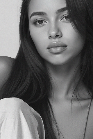 Black and white headshot of Camila a Latina AI fashion model wearing a strappy tank top. 