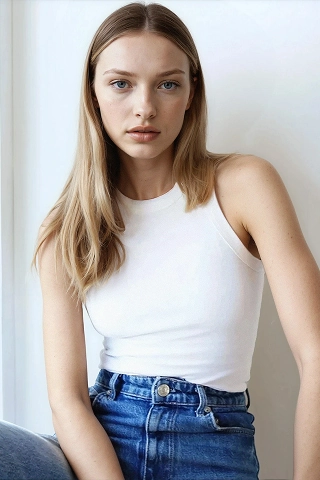 A Botika AI fashion model, Anouk, wearing a white tank top and jeans. 