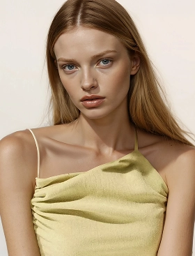 Anouk, a Botika female AI fashion model wearing a pale green outfit. 