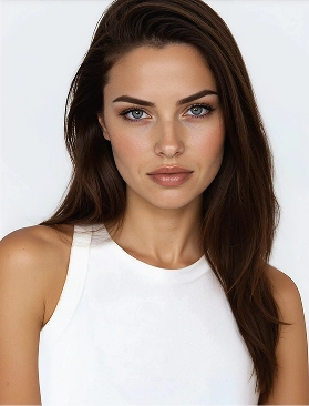 Headshot of Aurora a Botika AI fashion model wearing a powder blue tshirt. 