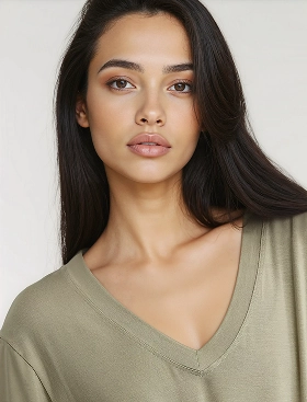 Camila, a Botika female AI fashion model's headshot wearing a low vneck tan sweater. 