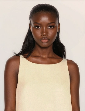 A Botika female AI fashion model, Leah, wearing a pale yellow linen dress.