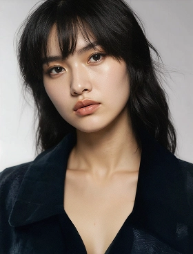 Headshot of Lina, an Asian AI fashion model wearing a dark velvet jacket and matching shell underneath. 