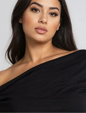 Headshot of a plus size Botika AI fashion model named Maya wearing an off the shoulder black dress. 