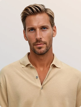 Headshot of Sebastian, a Botika male AI fashion model wearing a tan polo shirt. 