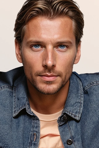 Headshot of Botika's male AI fashion model Sebastian wearing a jean jacket and peach tshirt. 