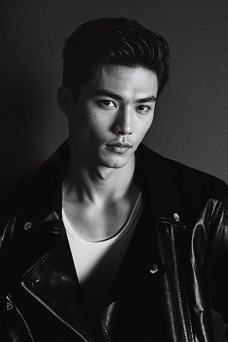 Noah, a male Asian fashion model created by Botika wearing a dark denim jacket matching jeans and white tshirt. 