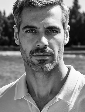 A black and white headshot of a Botika created male AI fashion model, Leo, wearing a polo shirt. 