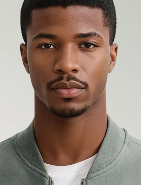 Headshot of Eric, a black male AI fashion model created by Botika, wearing a green bomber jacket and white tshirt. 