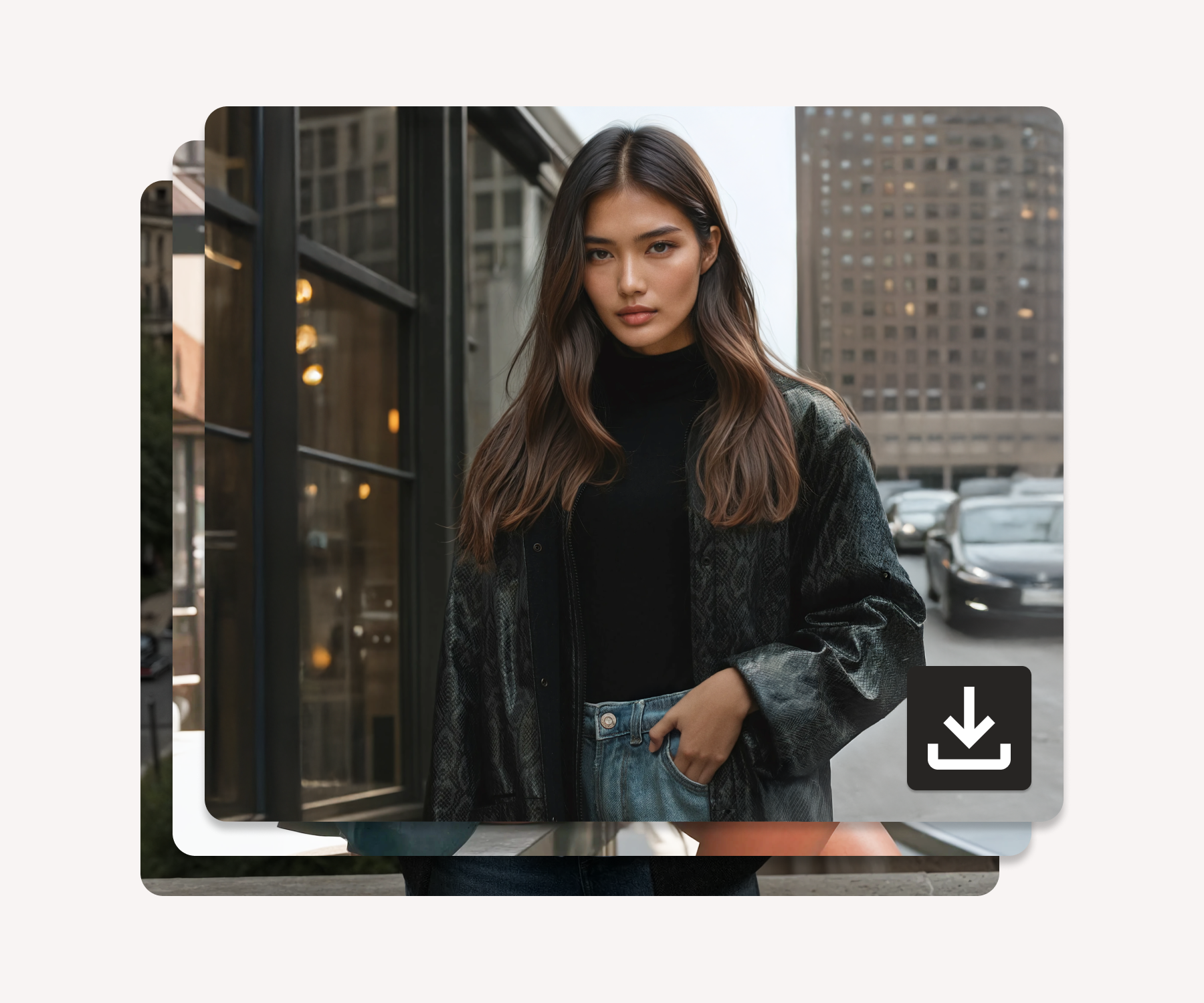 Female AI fashion model modeling a jacket and jeans with a city background.