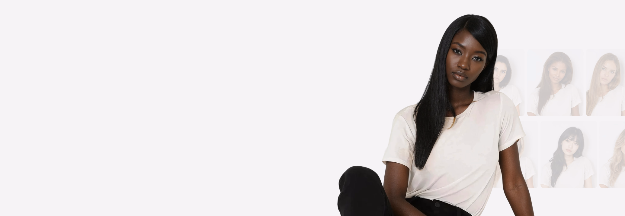 Botika black female AI fashion model wearing a white shirt and black pants. 