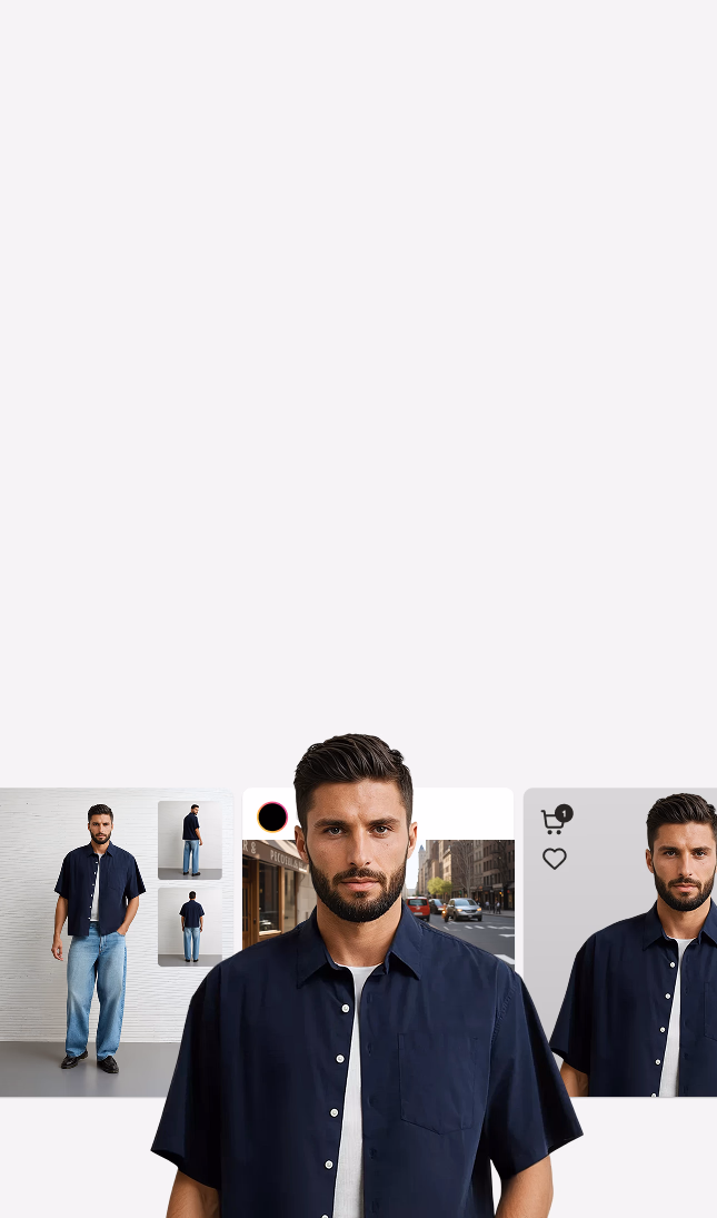 Dark haired Botika male AI fashion model wearing a blue button down short sleeve shirt for various online platforms. 