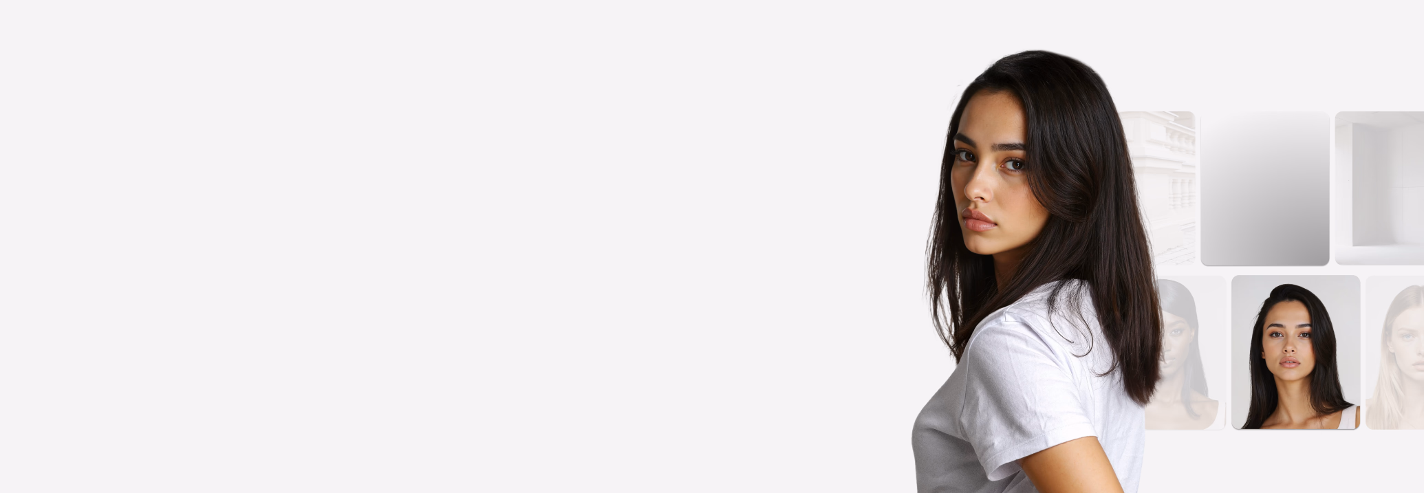 A female brunette Botika AI fashion model wearing a white shirt looking over her shoulder. 