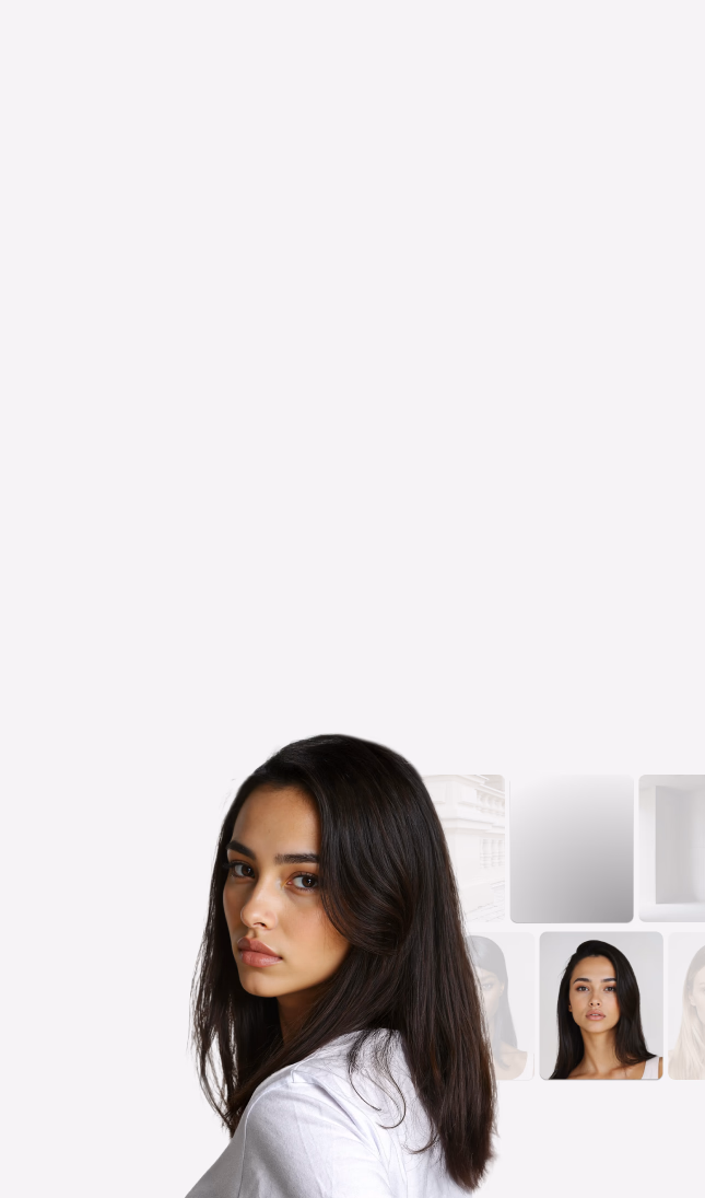 A female brunette Botika AI fashion model wearing a white shirt looking over her shoulder. 